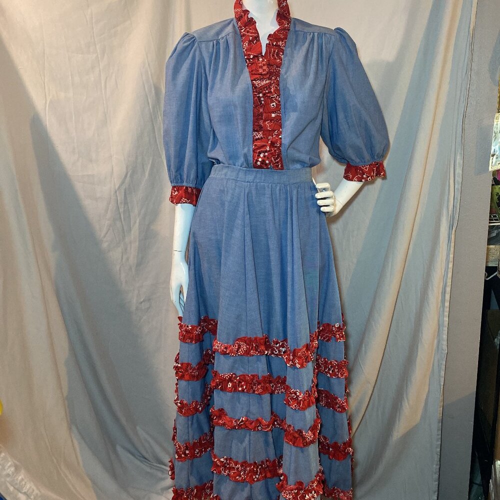 Vintage Handmade HBarC Blue Red Prairie Women Dress Size L